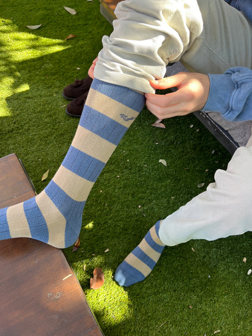 Calcetín rayas azul y beige