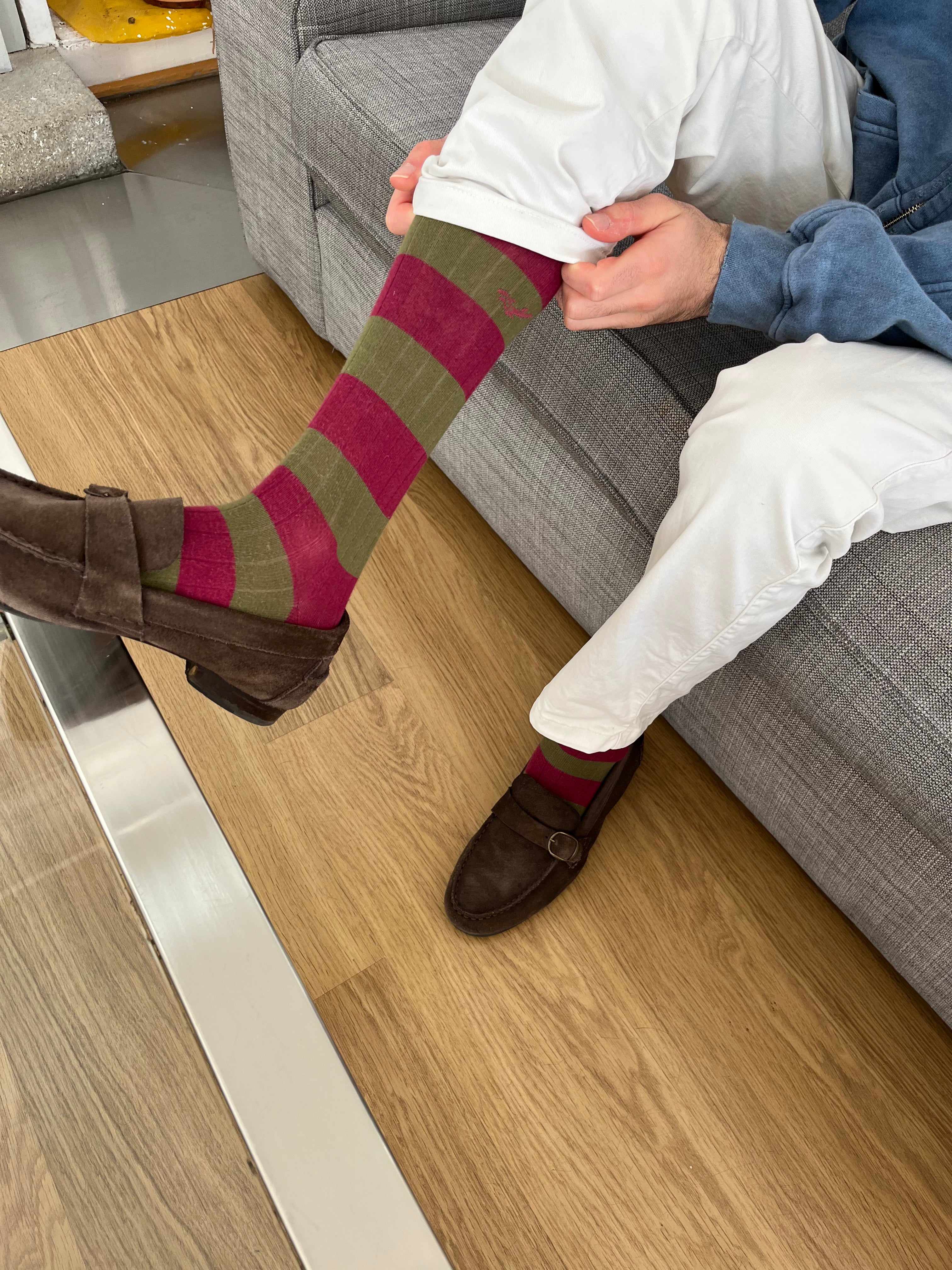 Calcetín rayas vino y verde